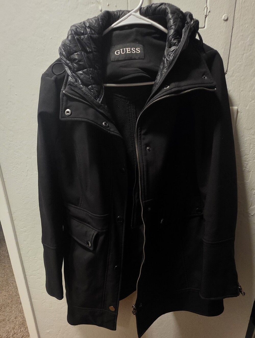GUESS Women's Softshell Hooded Parka Jacket Black Mixed Media Quilted Bib Large